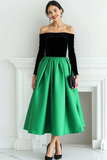 Fuchsia Black Velvet Off the Shoulder Long Evening Dress with Sleeves